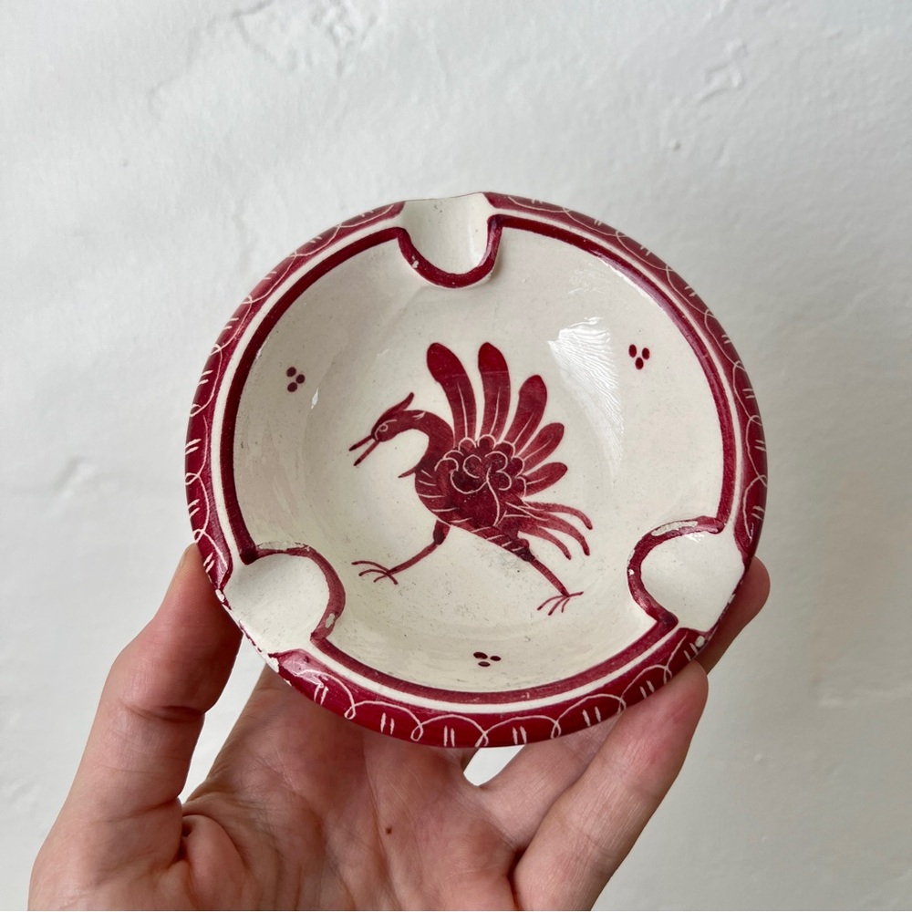 Vintage Fabrique En Gruyere hand painted ceramic Ashtray Bird Red Cream Round